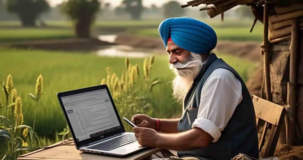 मोबाइल पर प्रधानमंत्री फसल बीमा योजना का फॉर्म भरता हुआ देहाती किसान, पीछे खेत का दृश्य।