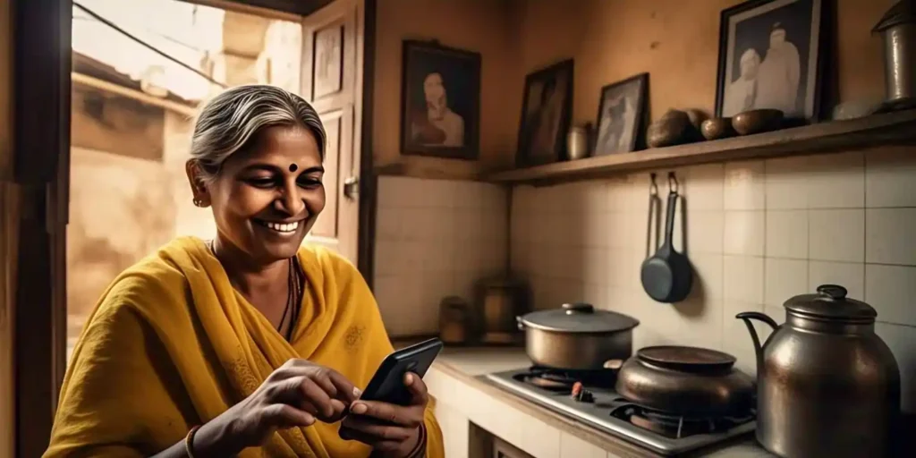 मोबाइल से गैस बुकिंग करती महिला की तस्वीर