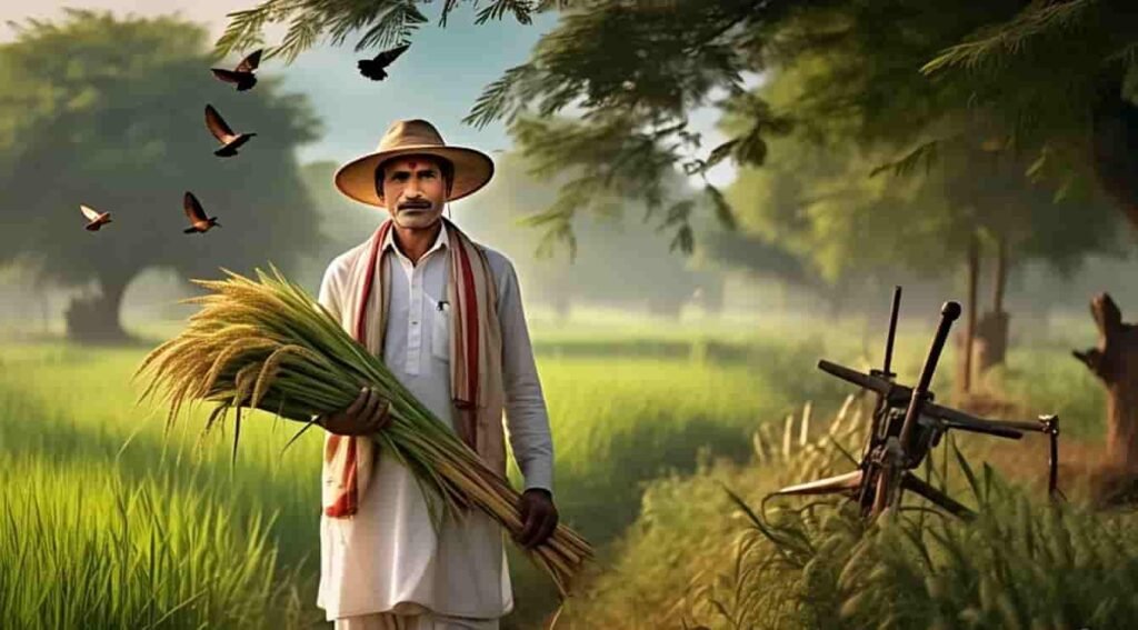 किसान अपनी फसल के साथ खेत में खड़ा है।