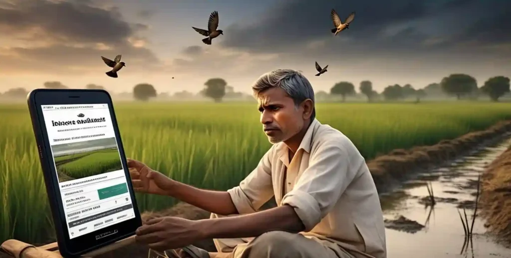 हरियाणा का किसान खरीफ फसल बीमा योजना के लिए मोबाइल से ऑनलाइन आवेदन करते हुए