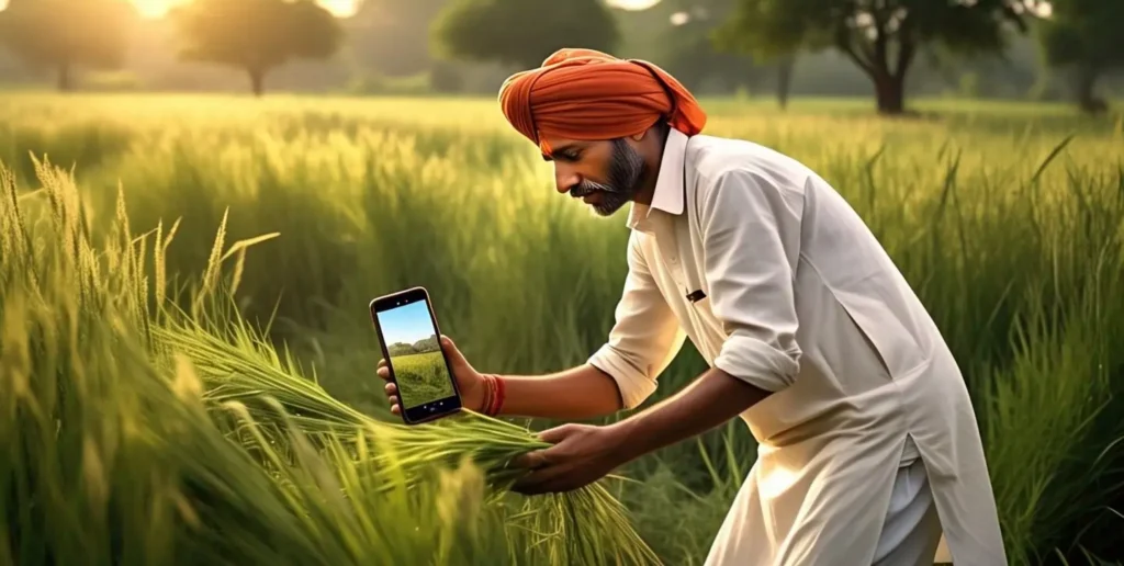 किसान मोबाइल से प्रधानमंत्री फसल बीमा योजना में ऑनलाइन आवेदन करता हुआ