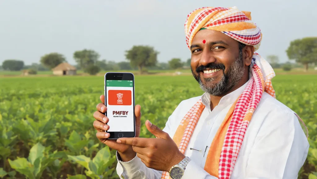 Indian farmer checking Pradhan Mantri Fasal Bima Yojana details on smartphone in the field.